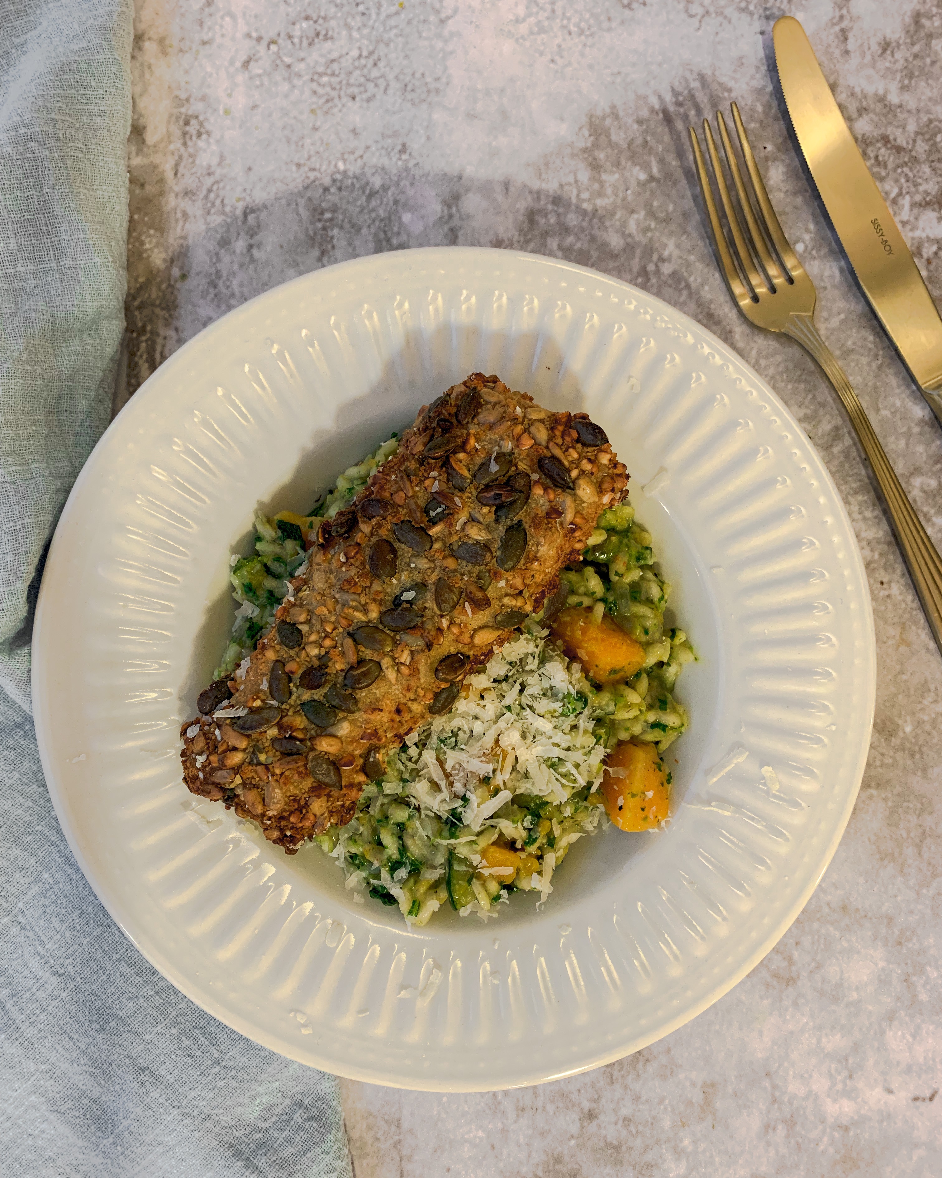 Pompoenrisotto met oven vis