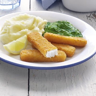 Vissticks met Spinazie a la creme en aardappelpuree