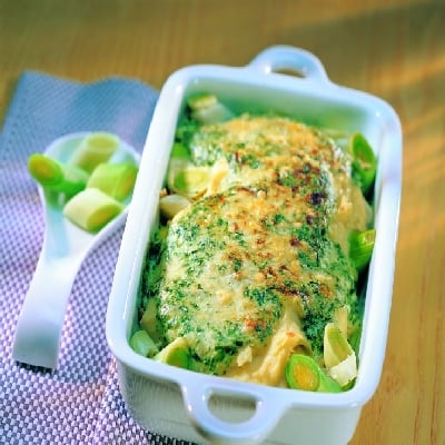 Aardappelgratin met een korst van spinazie